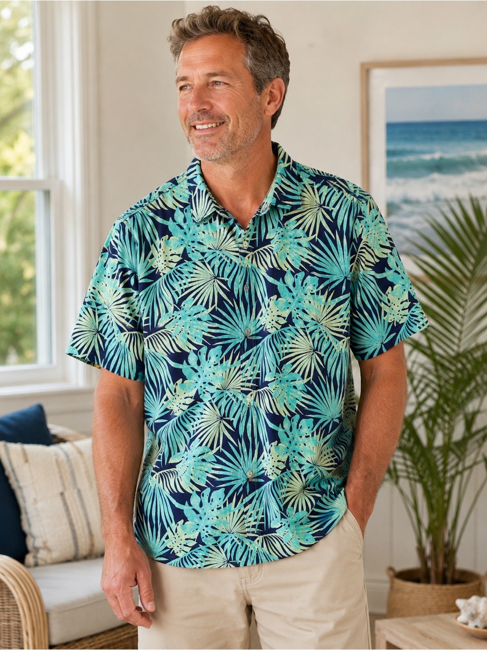 Tommy Bahama Men’s Tropical Hawaiian Shirt Blue Aqua Palm Print 100% Cotton